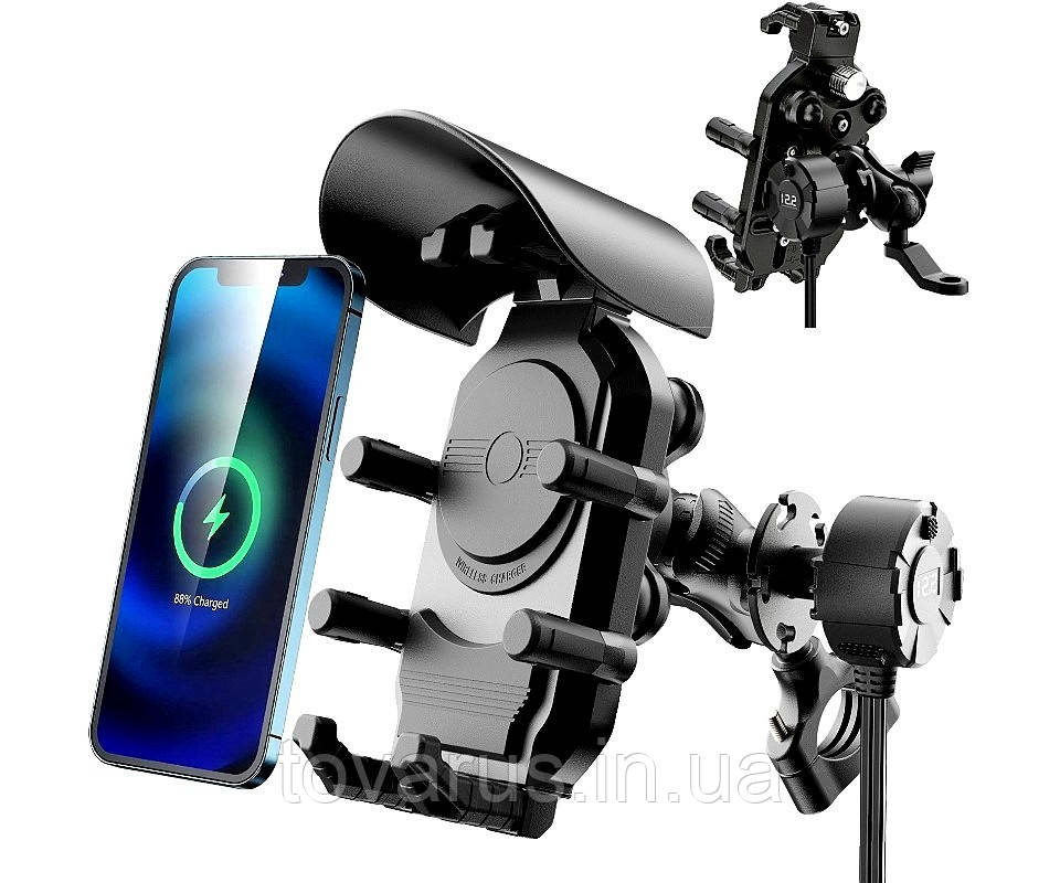 Антивібраційний мототримач телефону з бездротовою зарядкою 15W вольтметром IP66, фото 1