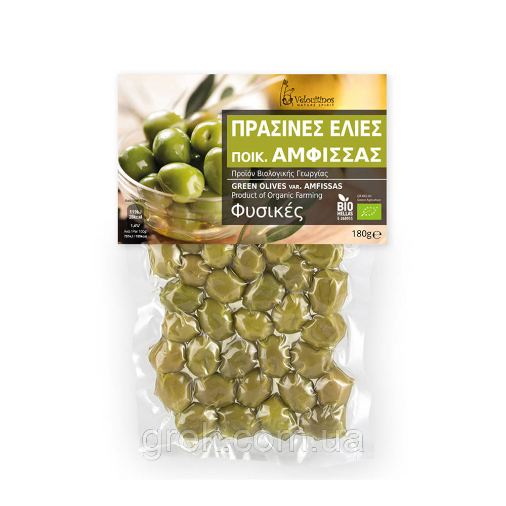 Оливки грецькі зелені Амфіса з кісточкою органічні Family Farms 180 г, фото 1