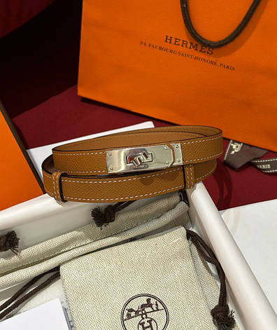 Жіночий коричневий шкіряний ремінь Hermes Kelly 1.8 см із золотою пряжкою ермес, фото 1