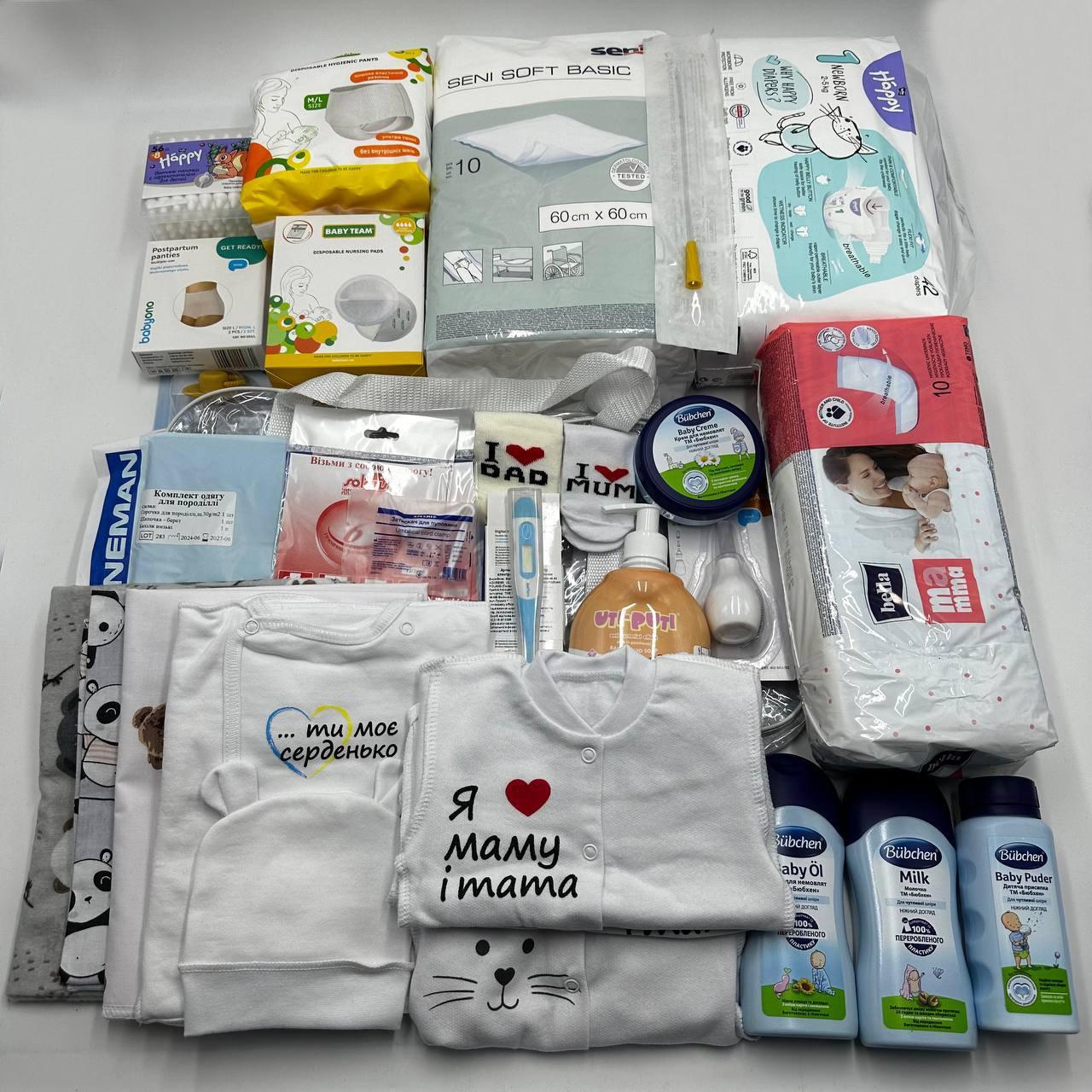 Набір у пологовий будинок для мами та новонародженого Premium у прозорій сумці L + сумка M для малюка 34 позиції EkoMama