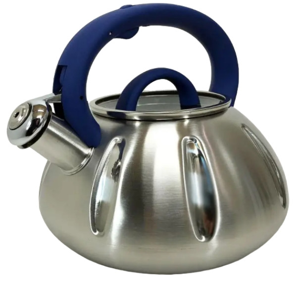 Чайник із нержавіючої сталі зі свистком 2,5л UNIQUE UN-5303 Синя ручка, фото 1
