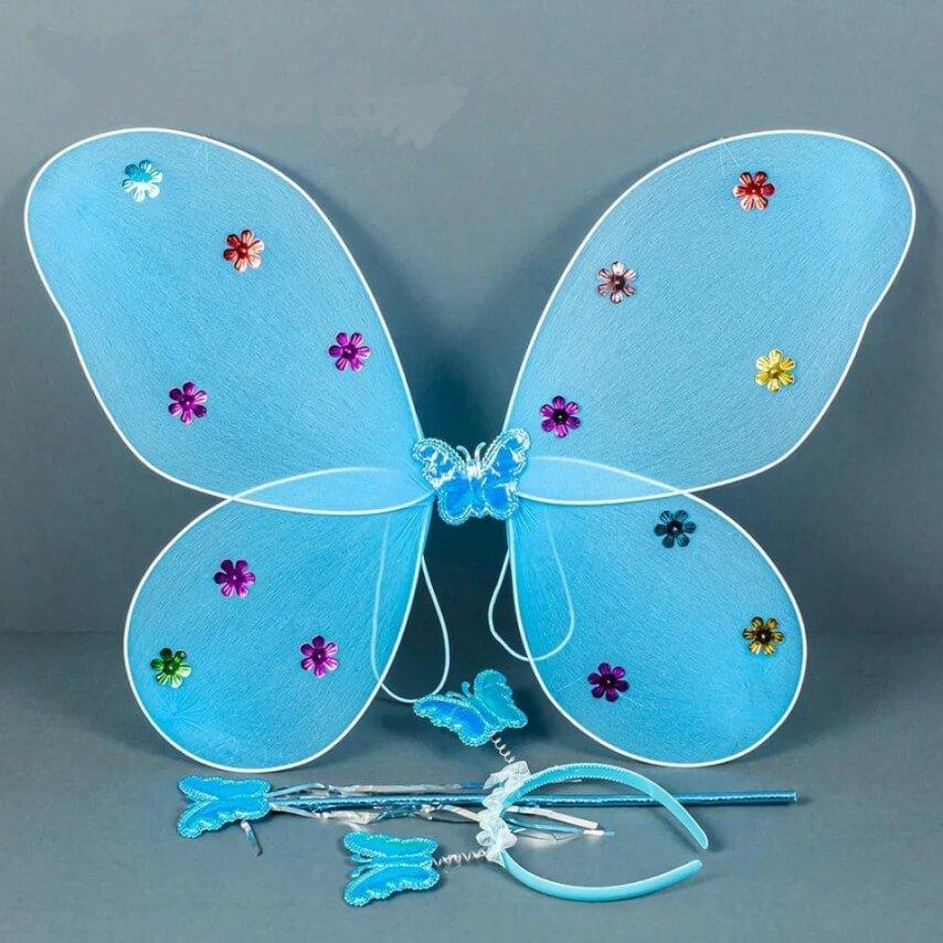 Костюм набір дитячий Фея Метелик (крила 48х35, обідок, паличка) для карнавалу БЛАКИТНИЙ-БІРЮЗОВИЙ, фото 1