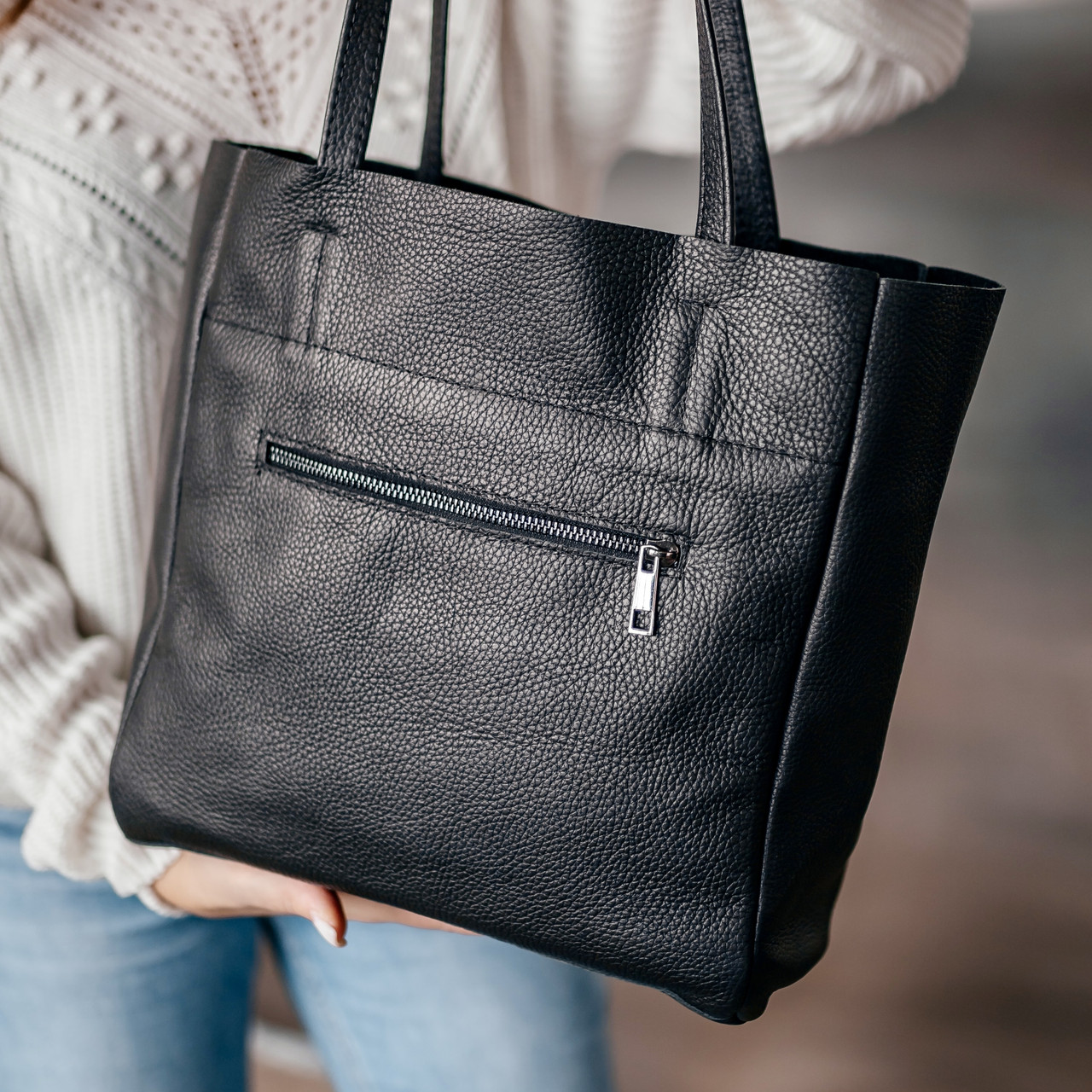 Жіноча шкіряна чорна сумка тоут велика містка модна, шопер зі шкіри на блискавці з кишенями, шоппери з двома ручками на кожен день