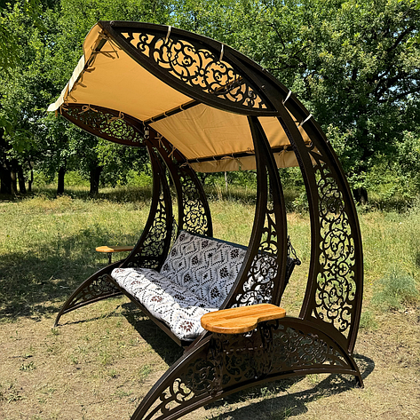Садові гойдалки "Дубай" з подушками та тентом, колір чорний/коричневий, порошкове фарбування, матеріал основи - метал, фото 1