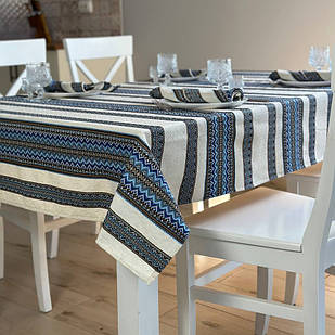 Скатертина лляна синя з коричневим "Український орнамент", люкс якість (Під замовлення або стандартний розмір)