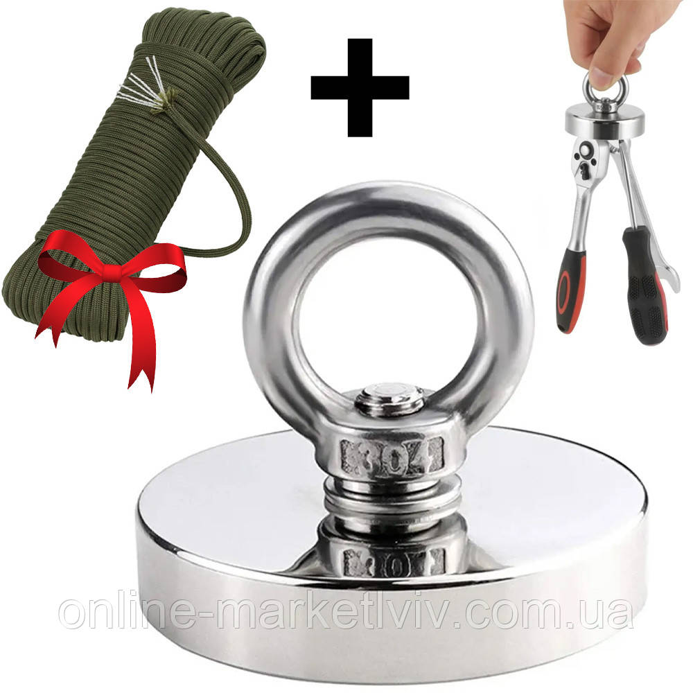 Пошуковий неодимовий магніт 60мм - 120кг + Подарунок Шнур паракорд 30 м / Магніт для пошуку металу, фото 1