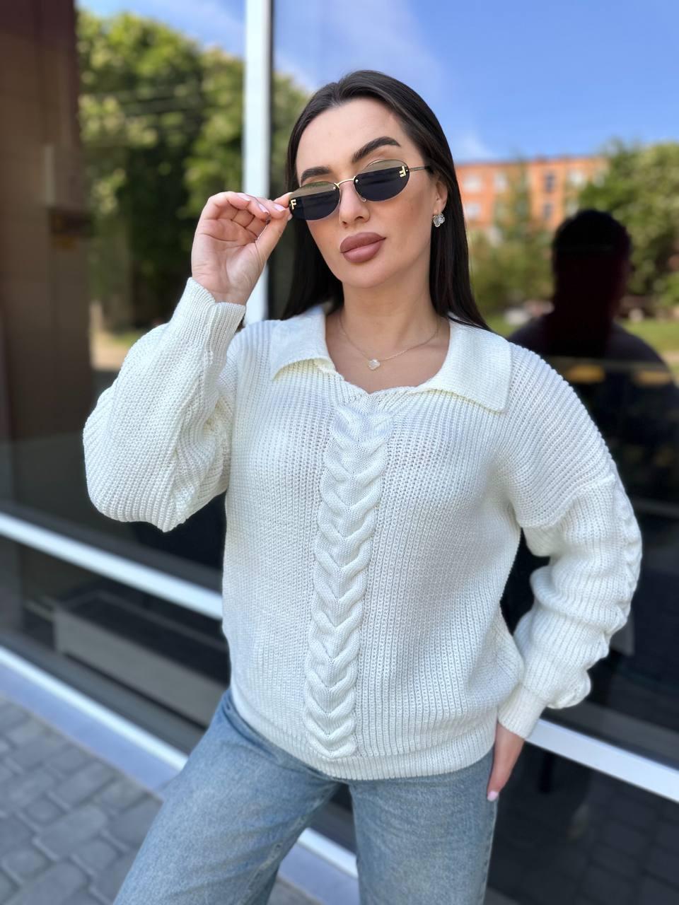 В'язаний стильний светр коса з коміром теплий вовна, фото 1