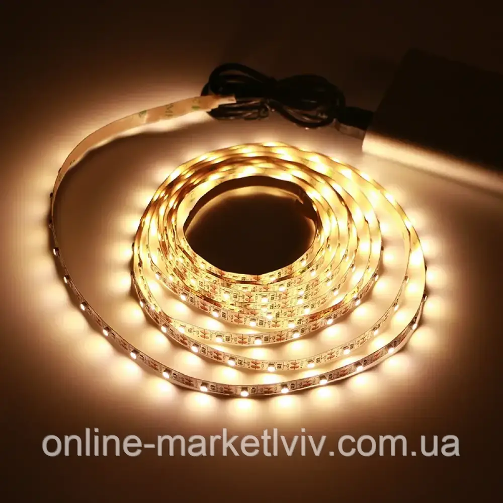 Світлодіодна LED стрічка 5м, з USB, Теплий Білий / Універсальна лед стрічка від повербанка / Діодне підсвічування