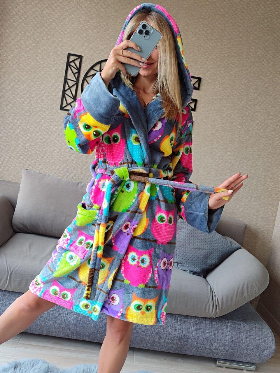 Жіночий плюшевий домашній халат із поясом сови, фото 1
