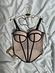 Жіночий корсет-бюстьє, бежевий з чорним кантом