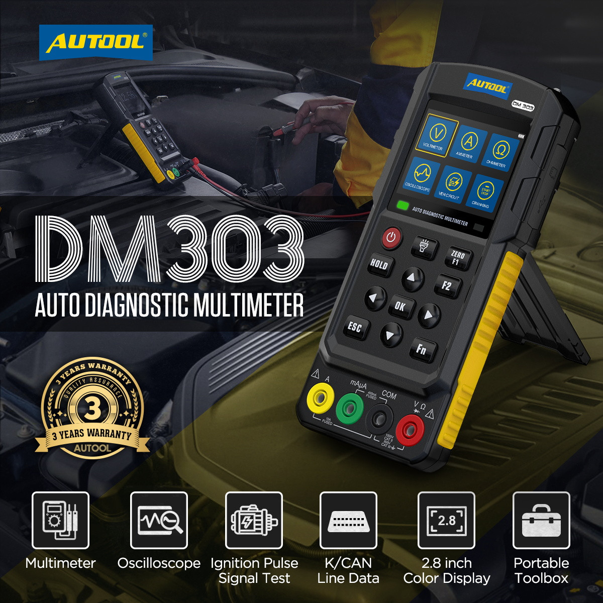 AUTOOL DM303 — автомобільний мультиметр-осцилограф (2.8" кольоровий дисплей, меню рус яз), фото 1