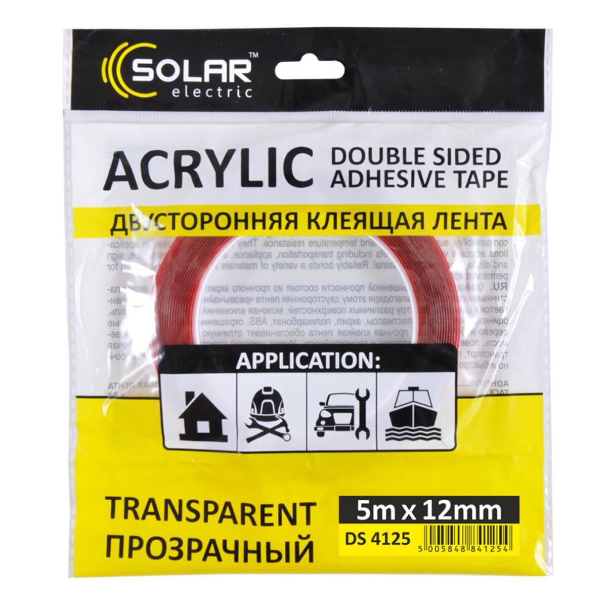 Стрічка клеюча двостороння Solar, ACRYLIC (VHB), прозора, 12ммx5м, фото 1