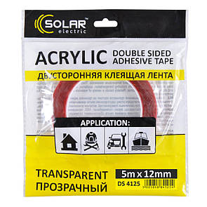 Стрічка клеюча двостороння Solar, ACRYLIC (VHB), прозора, 12ммx5м