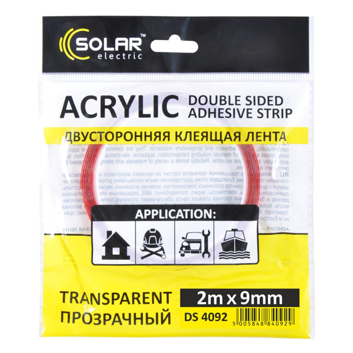 Стрічка клеюча двостороння Solar, ACRYLIC (VHB), прозора, 9ммx2м, фото 1