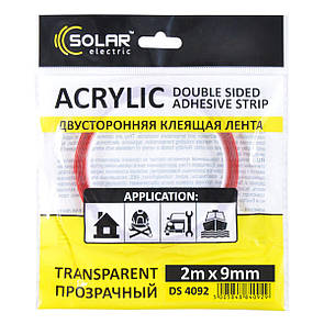 Стрічка клеюча двостороння Solar, ACRYLIC (VHB), прозора, 9ммx2м