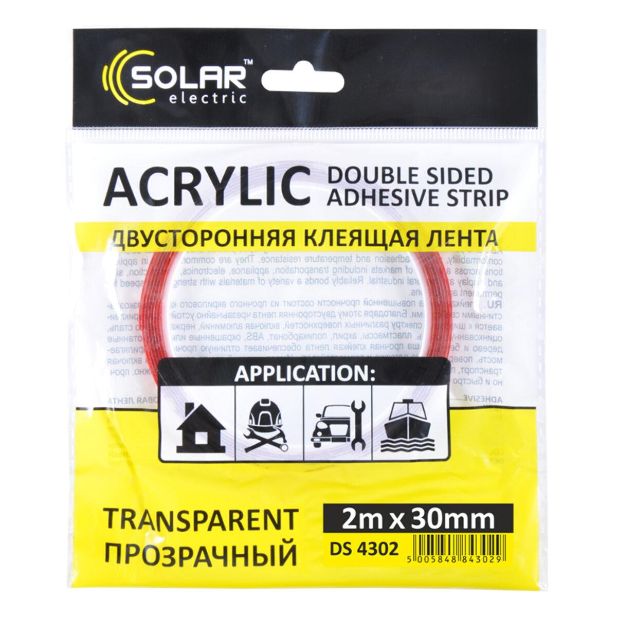 Стрічка клеюча двостороння Solar, ACRYLIC (VHB), прозора, 30ммx2м, фото 1