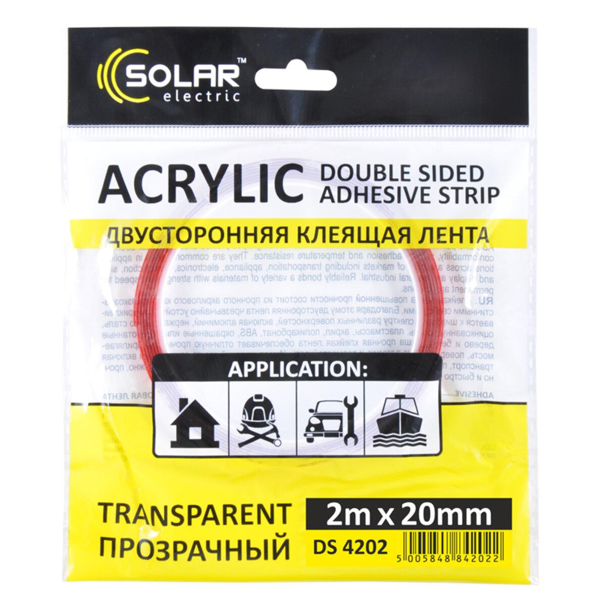 Стрічка клеюча двостороння Solar, ACRYLIC (VHB), прозора, 20ммx2м, фото 1