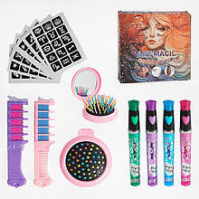 Дитячий набір для тату 763-14, 6 аркушів із трафаретами, 4 ручки з блискітками, гребінець із дзеркалом, крейда для волосся