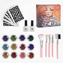 Набір тату дитячий 763-12, 6 аркушів із трафаретами, 12 баночок із блискітками, 2 пляшечки клею, 5 пензликів