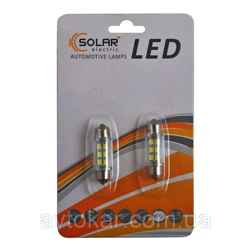 Автолампи світлодіодні Solar LED 12 V SV85 T11x36 mm 6SMD 3528 white 2шт (LS275_b2) AVK, фото 1