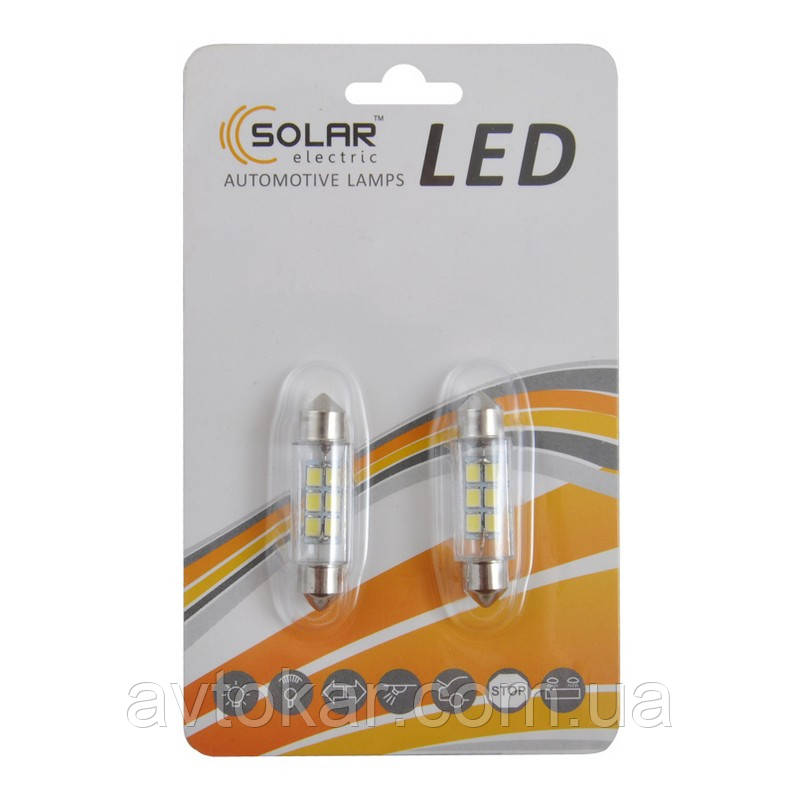 Автолампи світлодіодні Solar LED 12 V SV85 T11x39mm 6SMD 3528 white 2шт (LS276_b2) AVK, фото 1