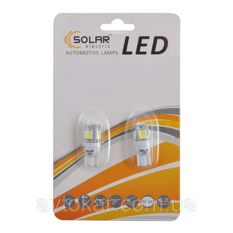 Автолампи світлодіодні Solar LED 12 V T10 W21x95d 5SMD 5050 white 2шт (LS243_b2) AVK, фото 1