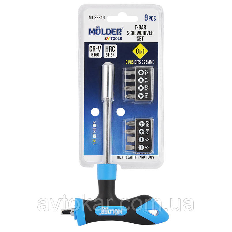 Викрутка Т-подібна з комплектом насадок Molder, 9 шт. AVK, фото 1