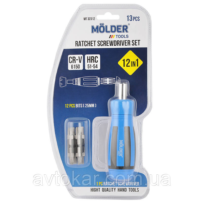 Викрутка реверсивна з комплектом насадок Molder, 12 в 1 (6 шт./пач.) AVK, фото 1