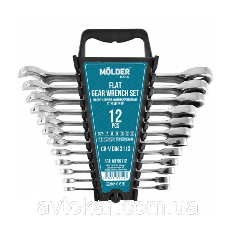 Набір автомобільних ключів комбінованих ріжково-накидних Molder з тріскачкою CR-V 7-19 мм 12 шт (MT56112) AVK, фото 1