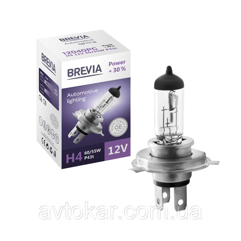 Галогенна лампа Brevia H4 Power + 30% 12 V 60/55w AVK, фото 1