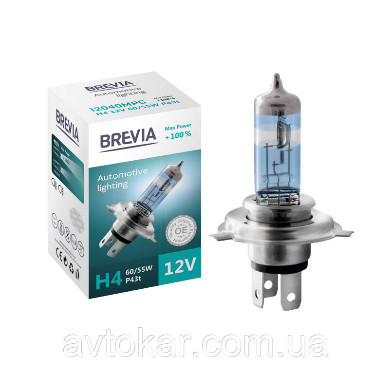 Галогенова лампа Brevia H4 Max Power + 100% 12 V 60/55W AVK, фото 1