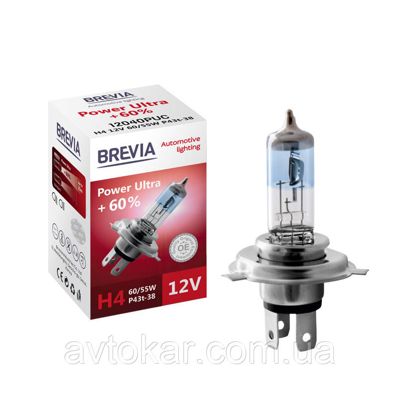 Галогенова лампа Brevia H4 Power Ultra + 60% 12 V 60/55W AVK, фото 1
