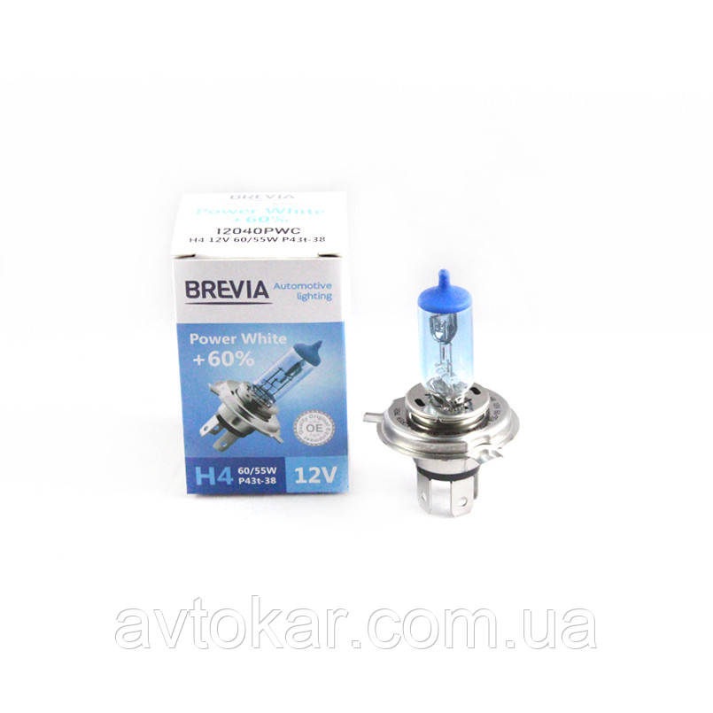 Галогенова лампа Brevia H4 Power White + 60% 12 V 60/55W 12040 PWС AVK, фото 1