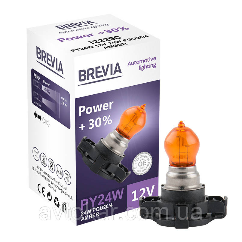 Галогенова лампа Brevia PY24W 12 V PGU20/4 AMBER Power +30% CP (12229c) AVK, фото 1