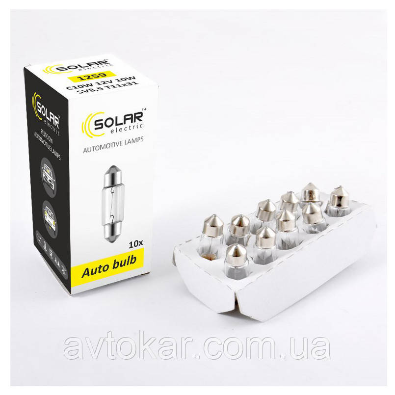 Галогенова лампа SOLAR C10W T11x31 12 V (1259) Паковання 10 ШТ AVK, фото 1