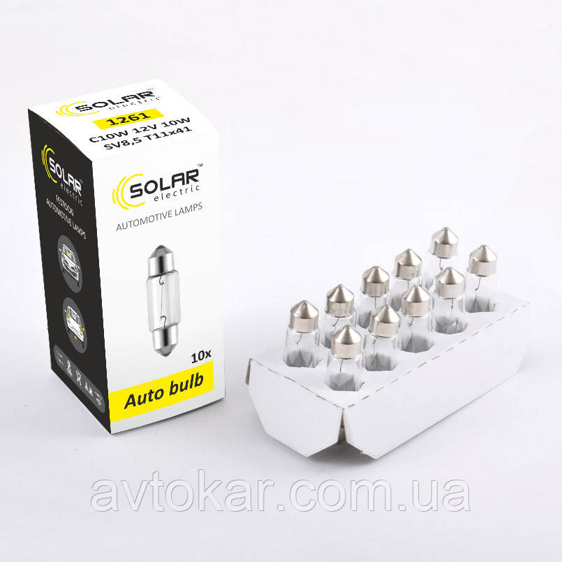 Галогенова лампа SOLAR C10W T11x41 12 V (1261) Паковання 10 ШТ AVK, фото 1