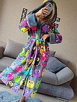 Стильний жіночий довгий плюшевий домашній халат із совами та капюшоном, фото 2