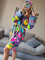 Стильний жіночий довгий плюшевий домашній халат із совами та капюшоном, фото 5