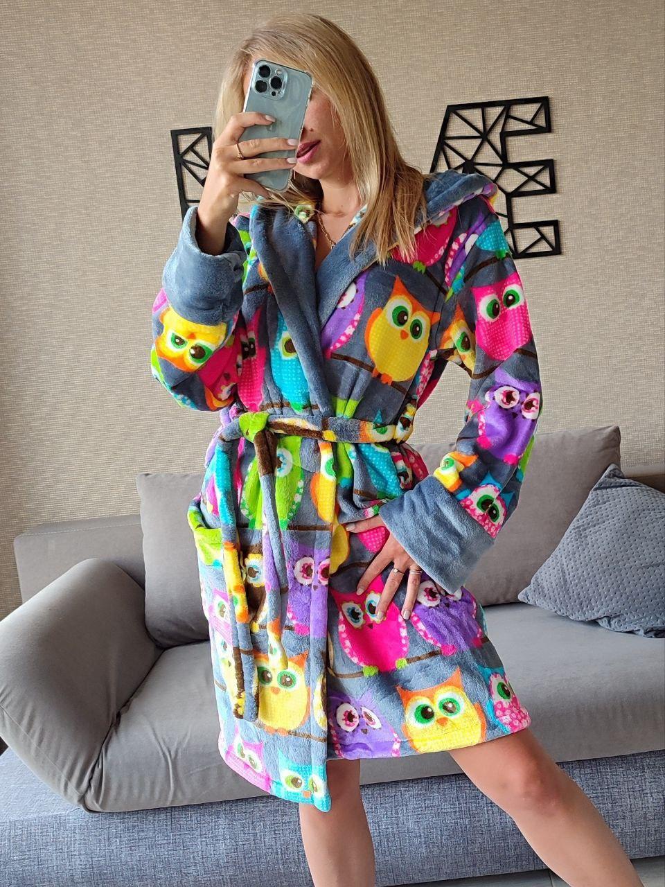 Жіночий плюшевий домашній халат із поясом сови