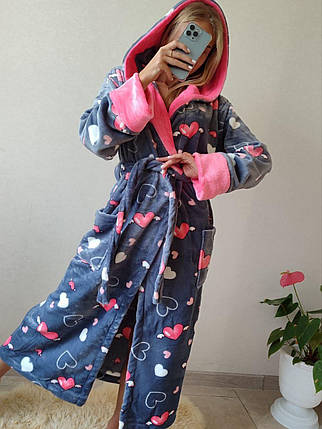 Жіночий довгий махровий халат із серцем і капюшоном Туреччина, фото 1