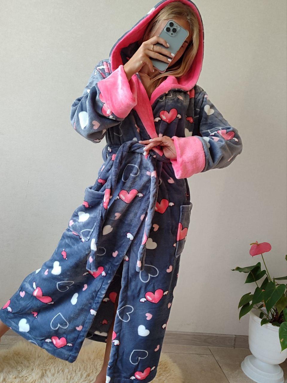 Жіночий довгий махровий халат із серцем і капюшоном Туреччина