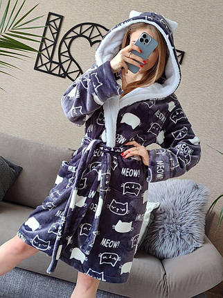 Гарний жіночий короткий халат з вушками на капюшоні графіт, фото 1