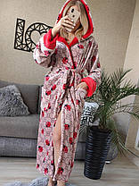 Гарний жіночий довгий махровий халат із капюшоном бежевий з сонечкоми, фото 5