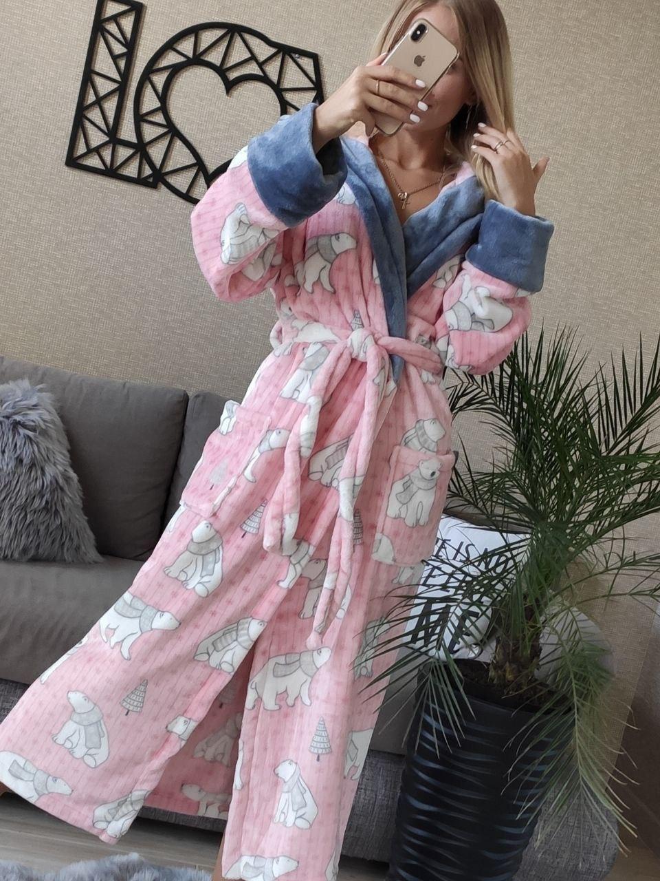 Довгий теплий жіночий махровий халат рожевий із ведмедями, фото 1