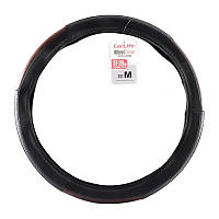 Авто чохол на кермо M (37-39 см) з екошкіри та білої гуми CARLIFE чорний з коричневими вставками та перфорацією AVK