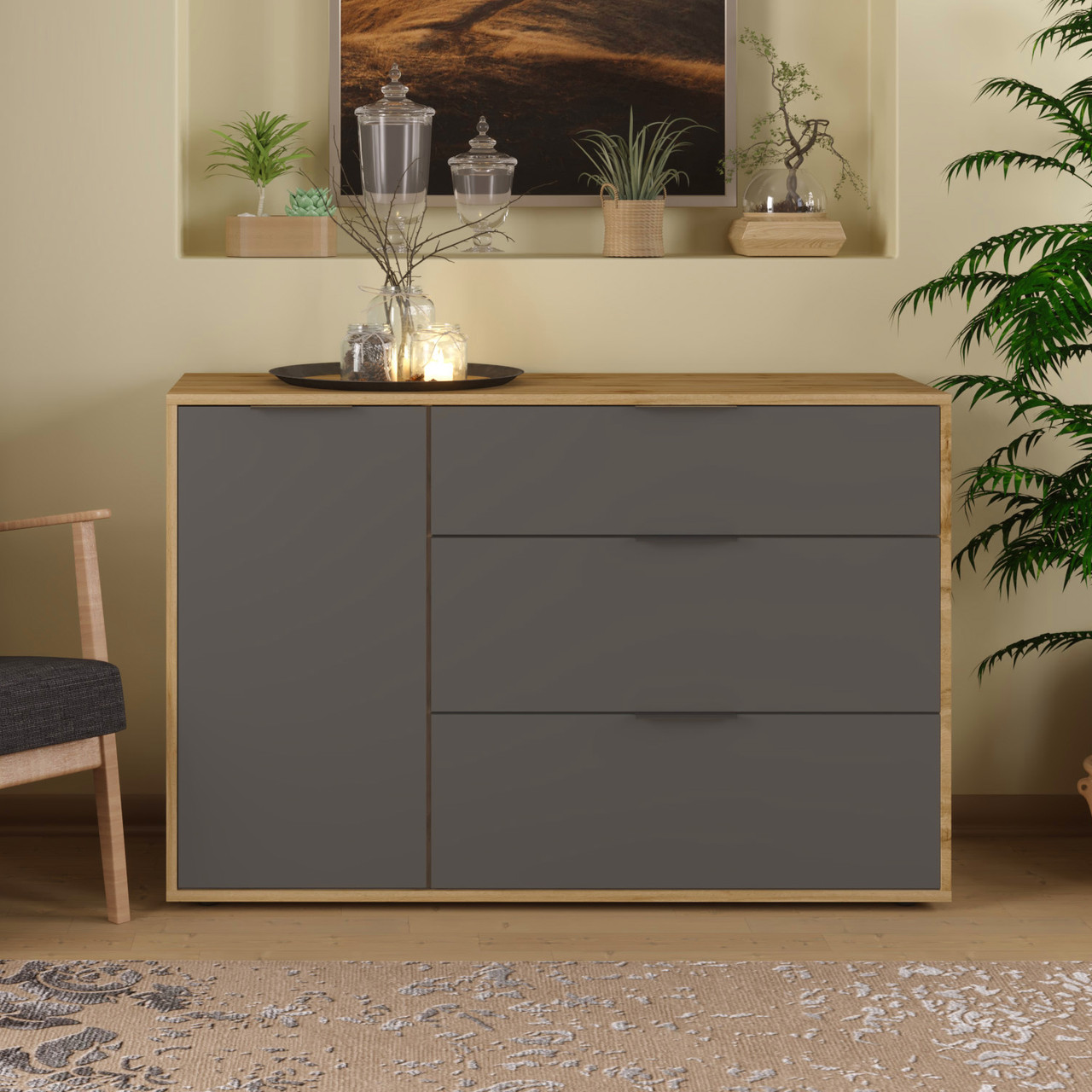 Комбінований низький комод 1Д3Ш під телевізор 120 см ДСП з шухлядами та полицями у вітальню спальню Нітро Сокме