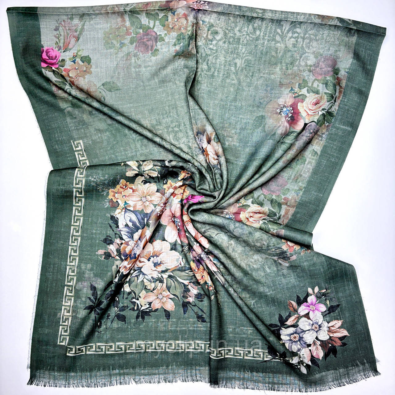 Вишуканий демісезонний шарф палантин з квітковим малюнком. Натуральний жіночий бавовняний шарф, фото 1