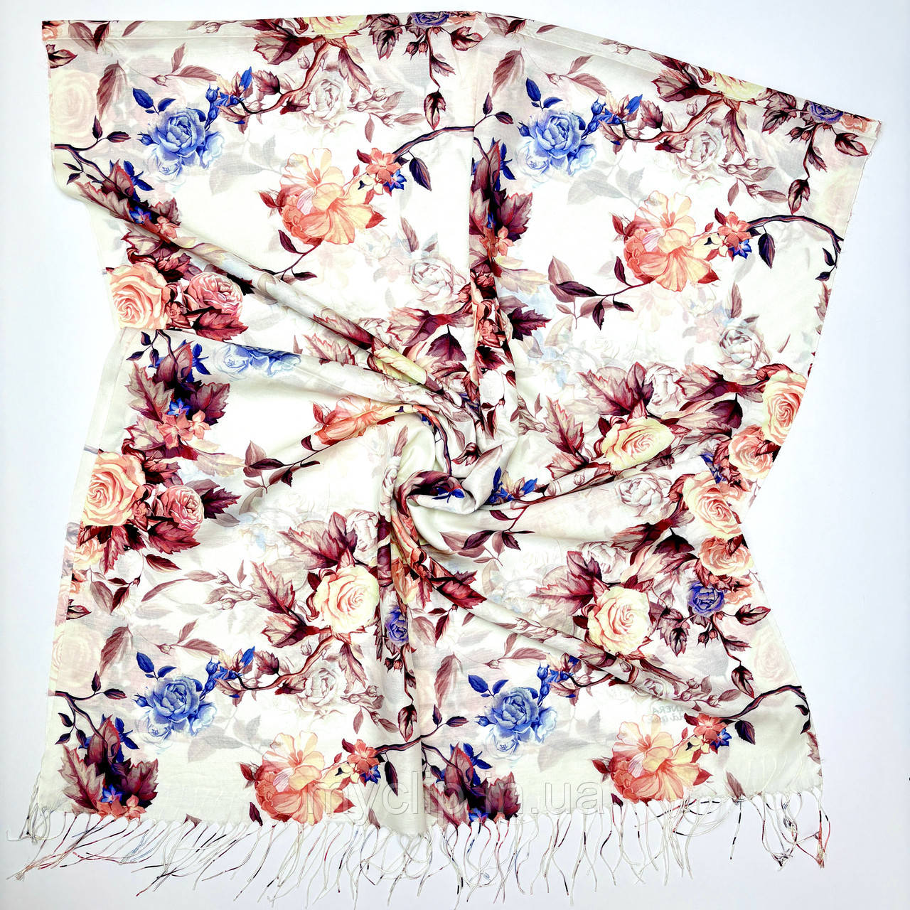 Вишуканий демісезонний шарф палантин з яскравим квітковим малюнком. Натуральний жіночий бавовняний шарф, фото 1