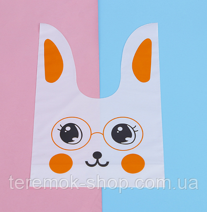 Пакети дитячі поліетиленові з вушками зав'язками Зайчик помаранчевий подарунковий з малюнком 32х20 см розмір 10 шт