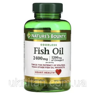 Оригінал! Жирні кислоти Nature&apos;s Bounty Риб&apos;ячий жир, 2400 мг, Odorless Fish Oil, 90 гелевих капсул (NRT-17130) - Вища, фото 1